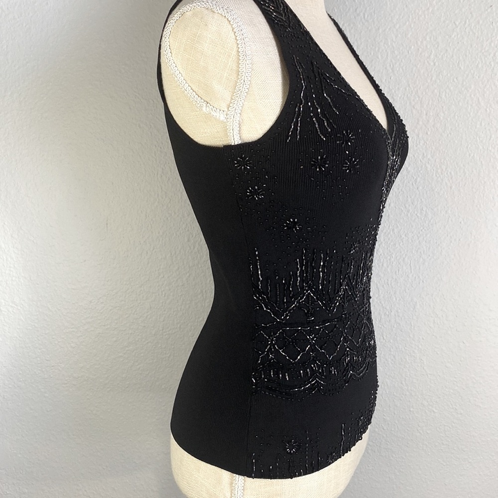 WHBM Black Beaded Sleeveless V-Neck Tank Top Size XS